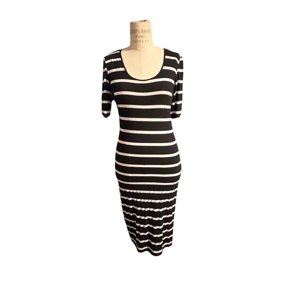 Forever 21 Black White Striped Bodycon Stretch Shirt Midi Dress Mesh Back Size S